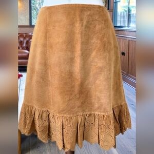 563. Anthropologie Elevenses Suede Eyelet Cutout Hem Skirt - Tan Brown - Size 0